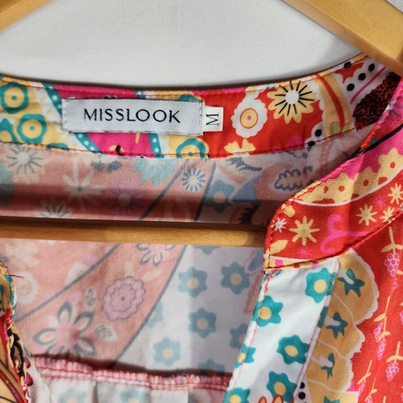 Women's MISSLOOK Orange Paisley Long Sleeve Button Boho Down Tunic Top Medium - Picture 11 of 11